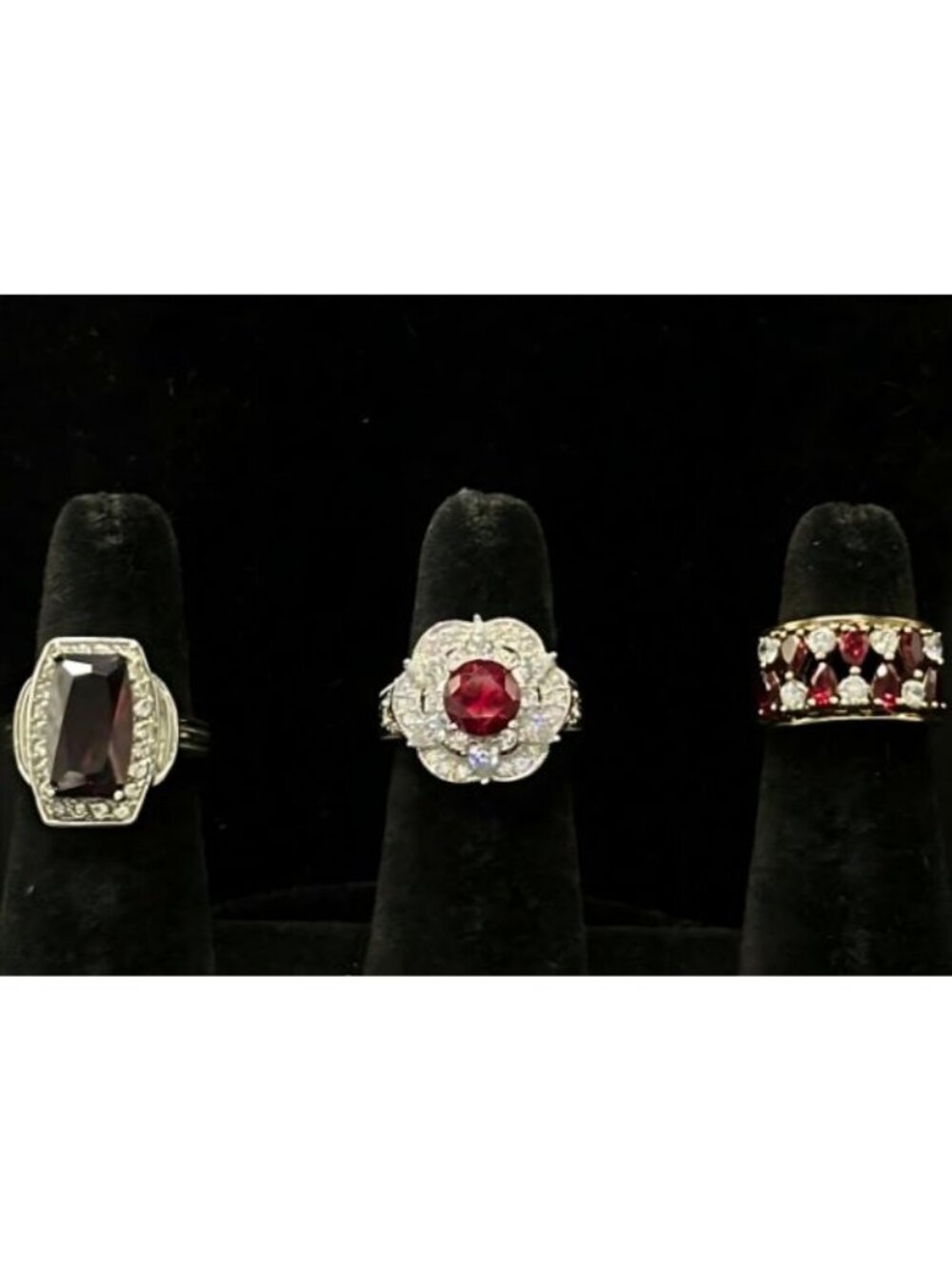 Vintage Ruby Color Stone & Sparkle Accent Rings Set Of 3 Sizes 8/7/6  Silver & G